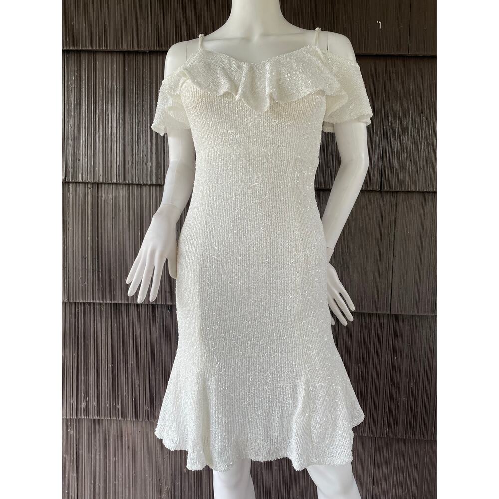 🔥Dalia Macphee Sequins Off The Shoulder Straps Ruffle Party Cocktail Mini Dress